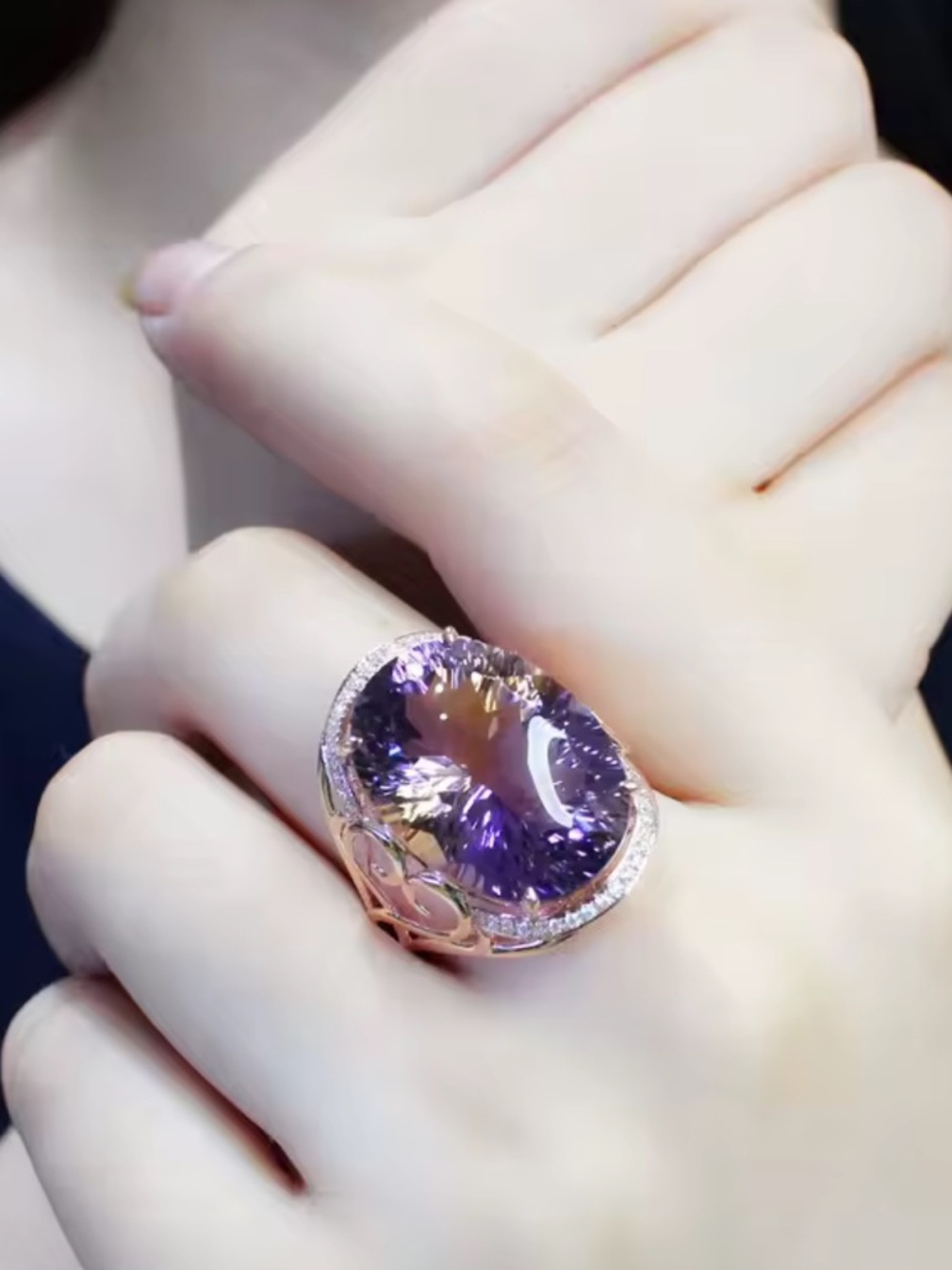 Rose gold and Purple Oval Gemstone Ring for Women adjustable size